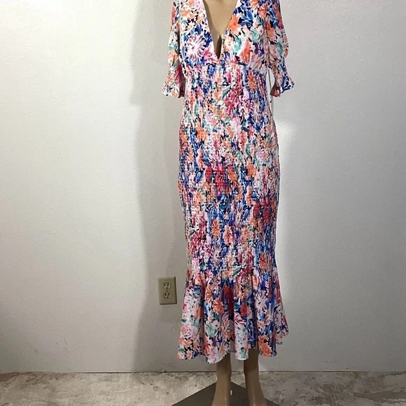 NWT Large Luxxel Multicolor Floral Midi Dress smocked body ruffle - Picture 4 of 16